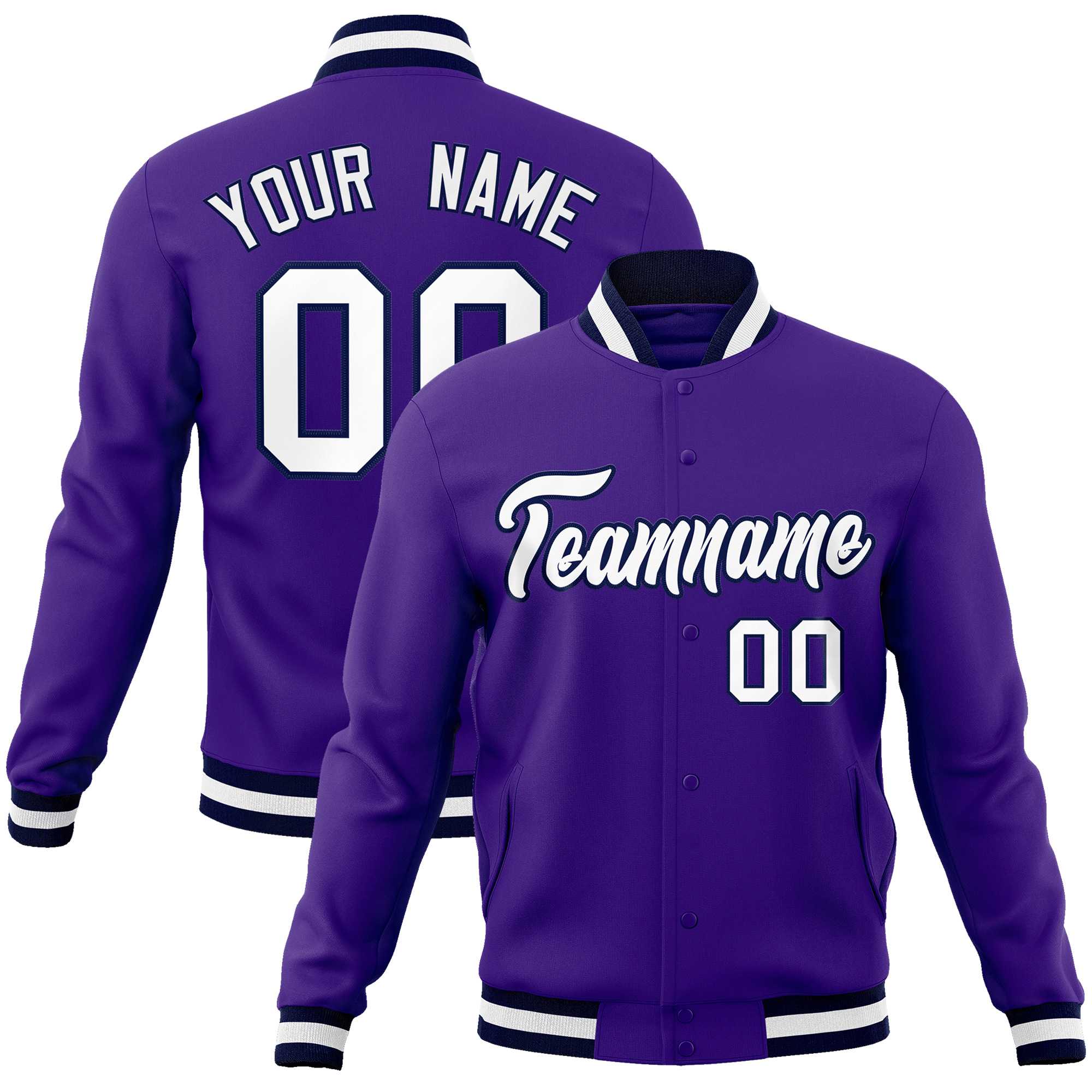 Custom Purple White-Navy Classic Style Varsity Full-Snap Letterman Jacket