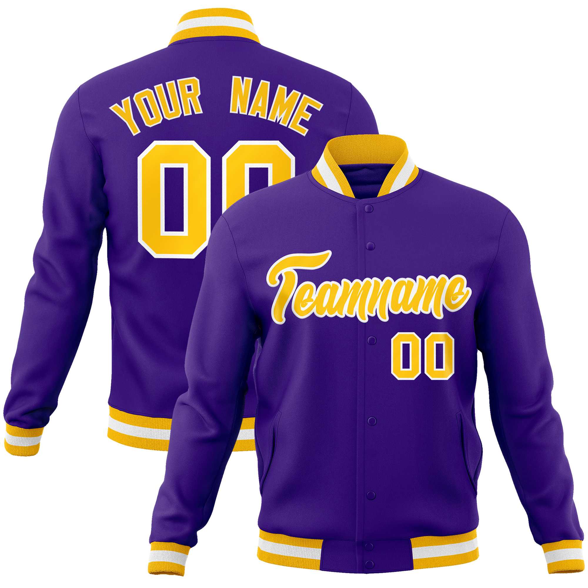 Custom Purple Gold-White Classic Style Varsity Full-Snap Letterman Jacket