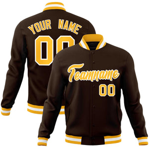 Custom Brown Yellow-White Classic Style Varsity Full-Snap Letterman Jacket