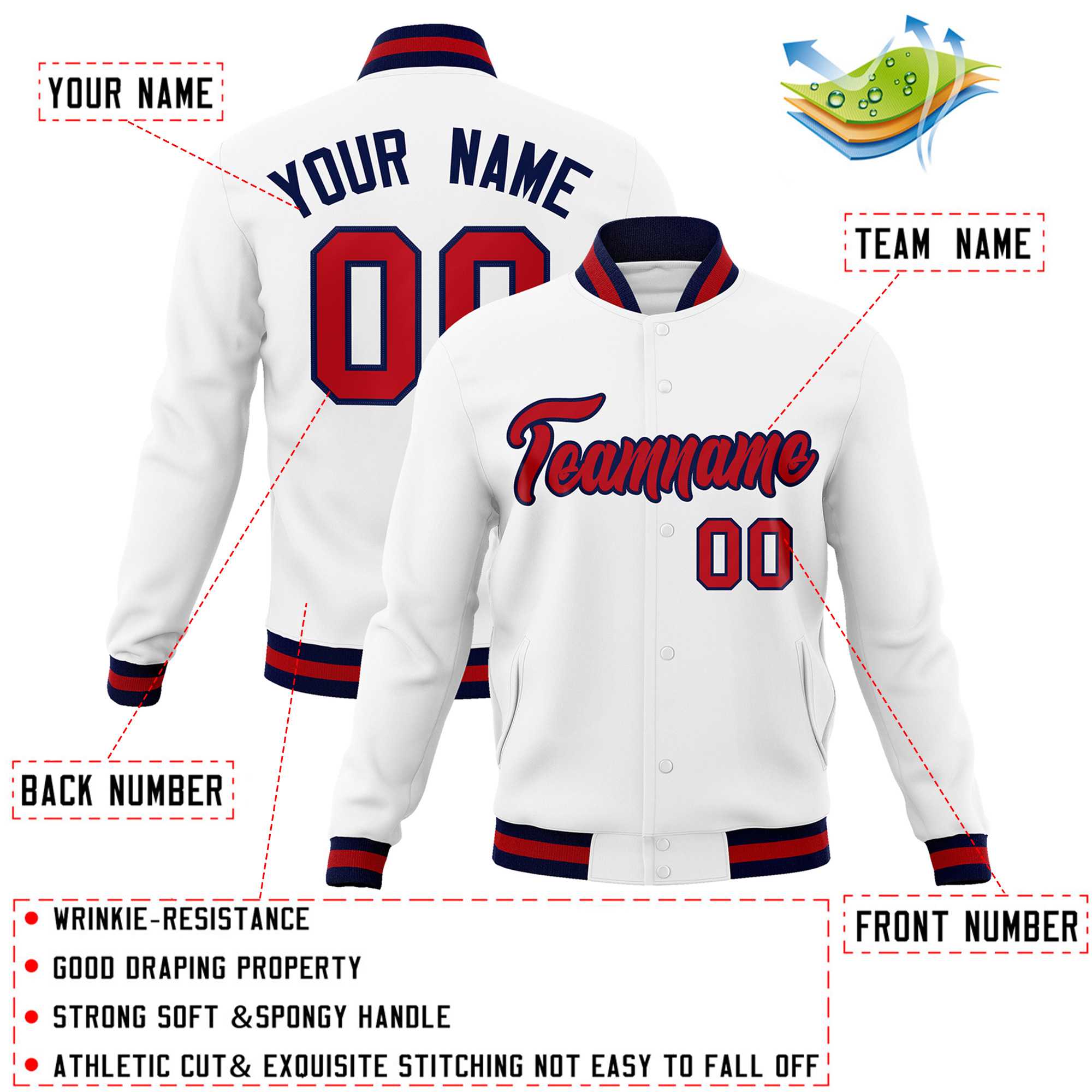 Custom White Red-Navy Classic Style Varsity Full-Snap Letterman Jacket