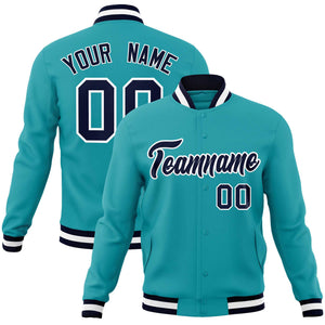 Custom Aqua Navy-White Classic Style Varsity Full-Snap Letterman Jacket