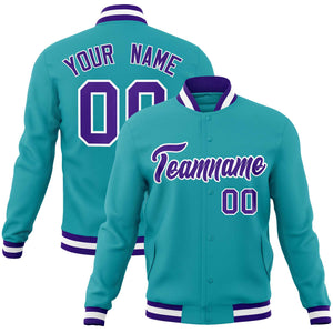 Custom Aqua Purple-White Classic Style Varsity Full-Snap Letterman Jacket