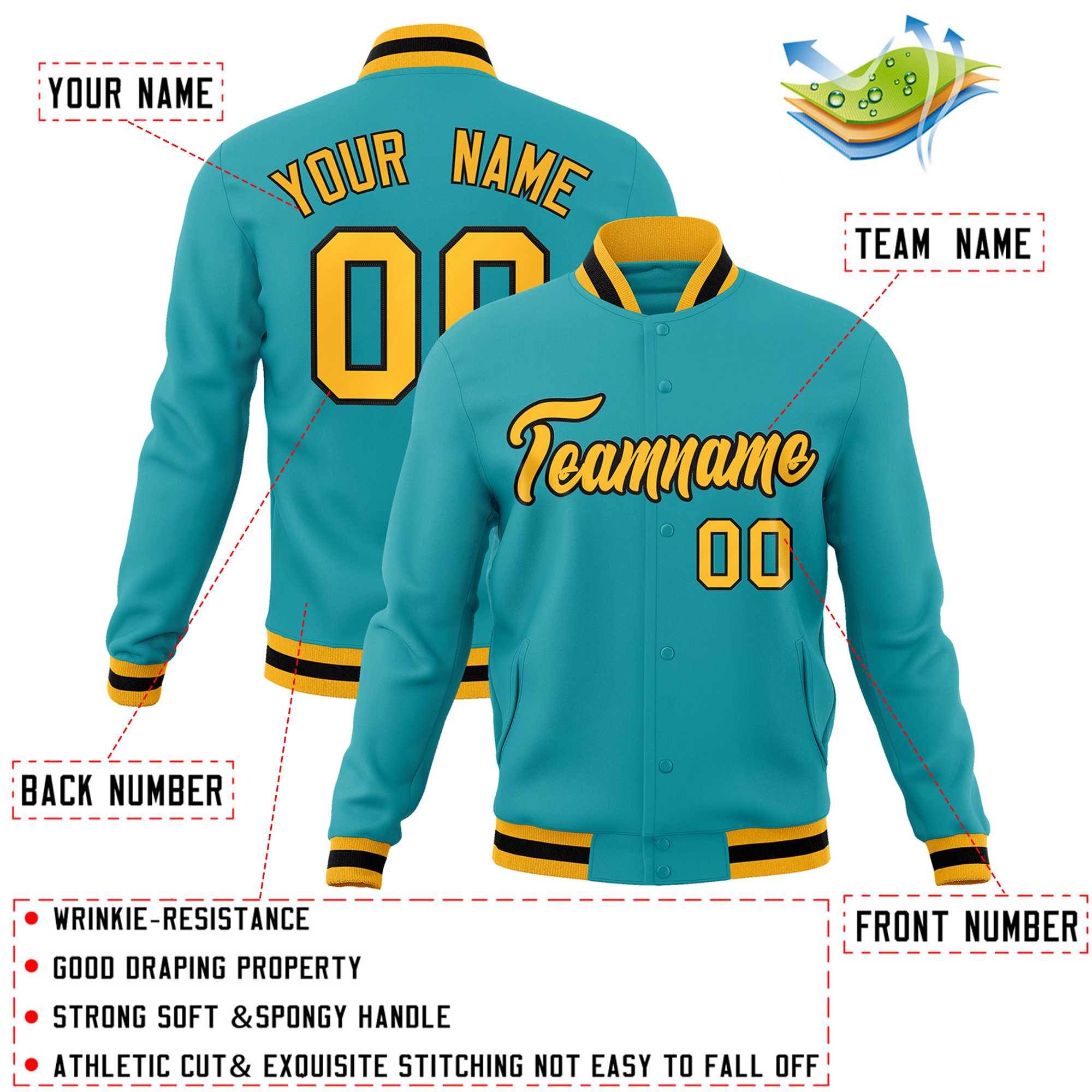 Custom Aqua Yellow-Black Classic Style Varsity Full-Snap Letterman Jacket