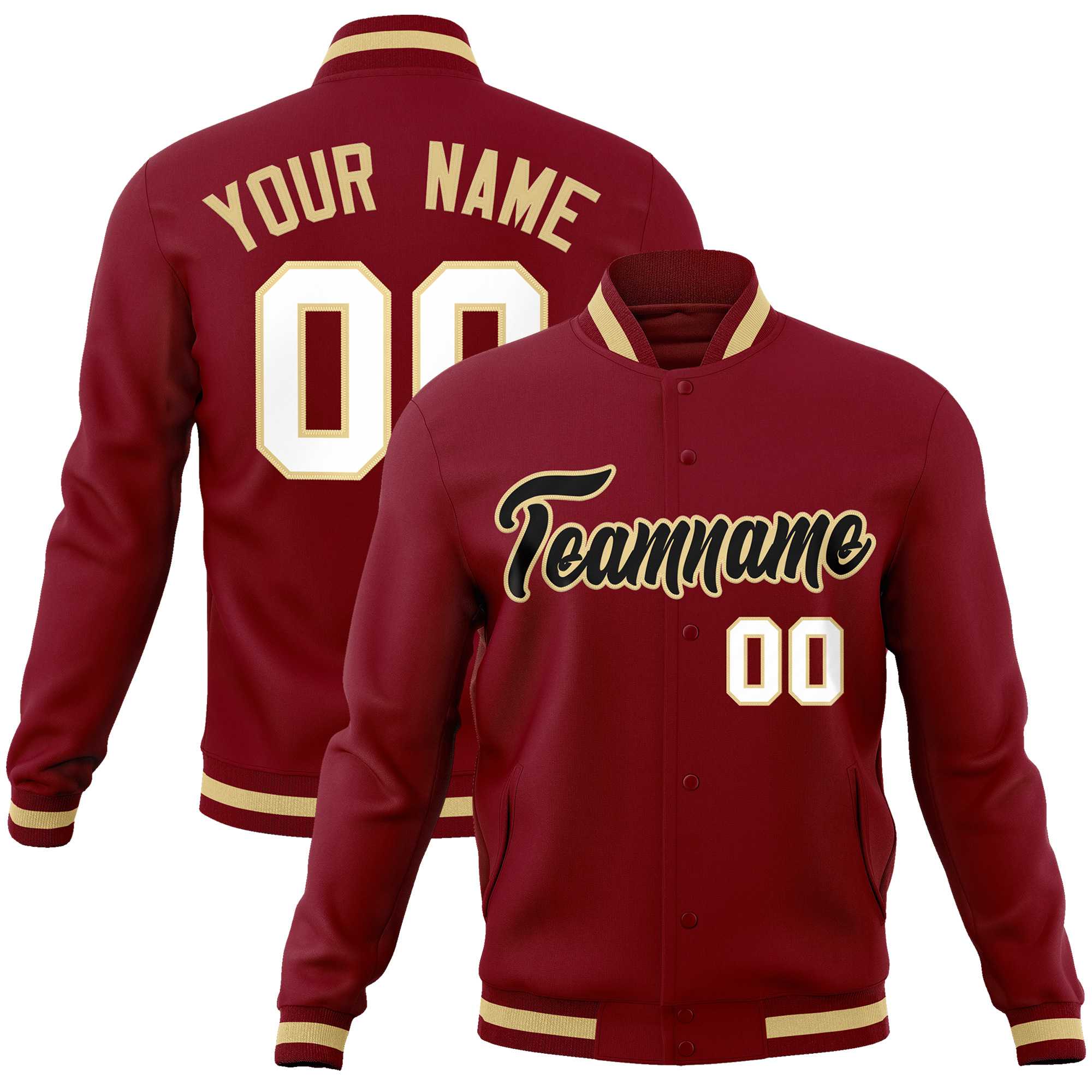 Custom Crimson Black-Khaki Classic Style Varsity Full-Snap Letterman Jacket