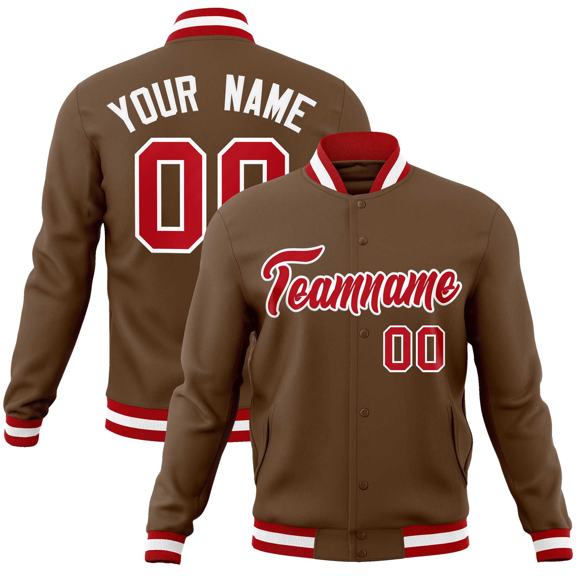 Custom Light Brown Red-White Classic Style Varsity Full-Snap Letterman Jacket