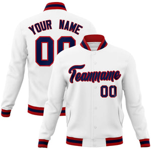 Custom White Navy-Red Classic Style Varsity Full-Snap Letterman Jacket