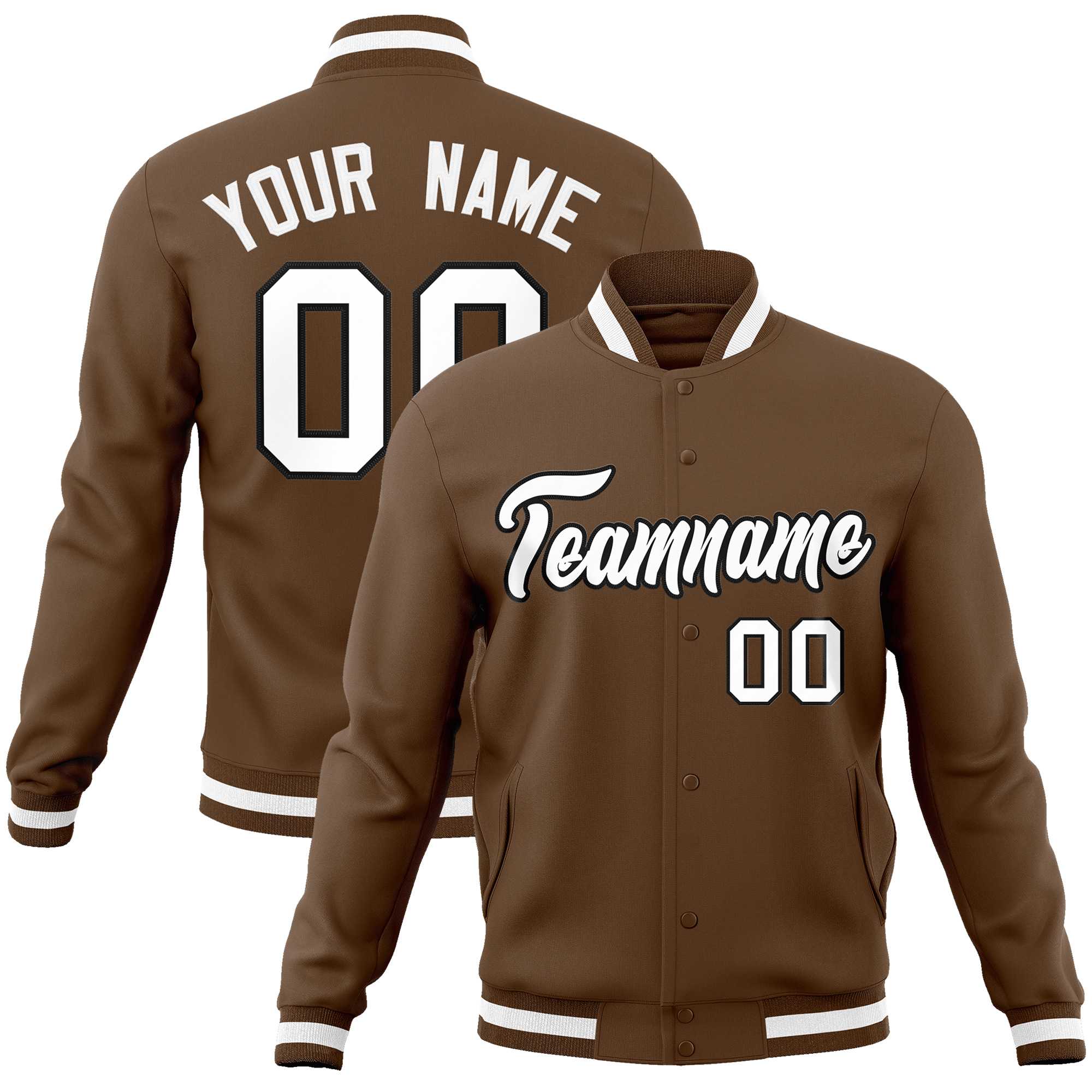 Custom Light Brown White-Black Classic Style Varsity Full-Snap Letterman Jacket