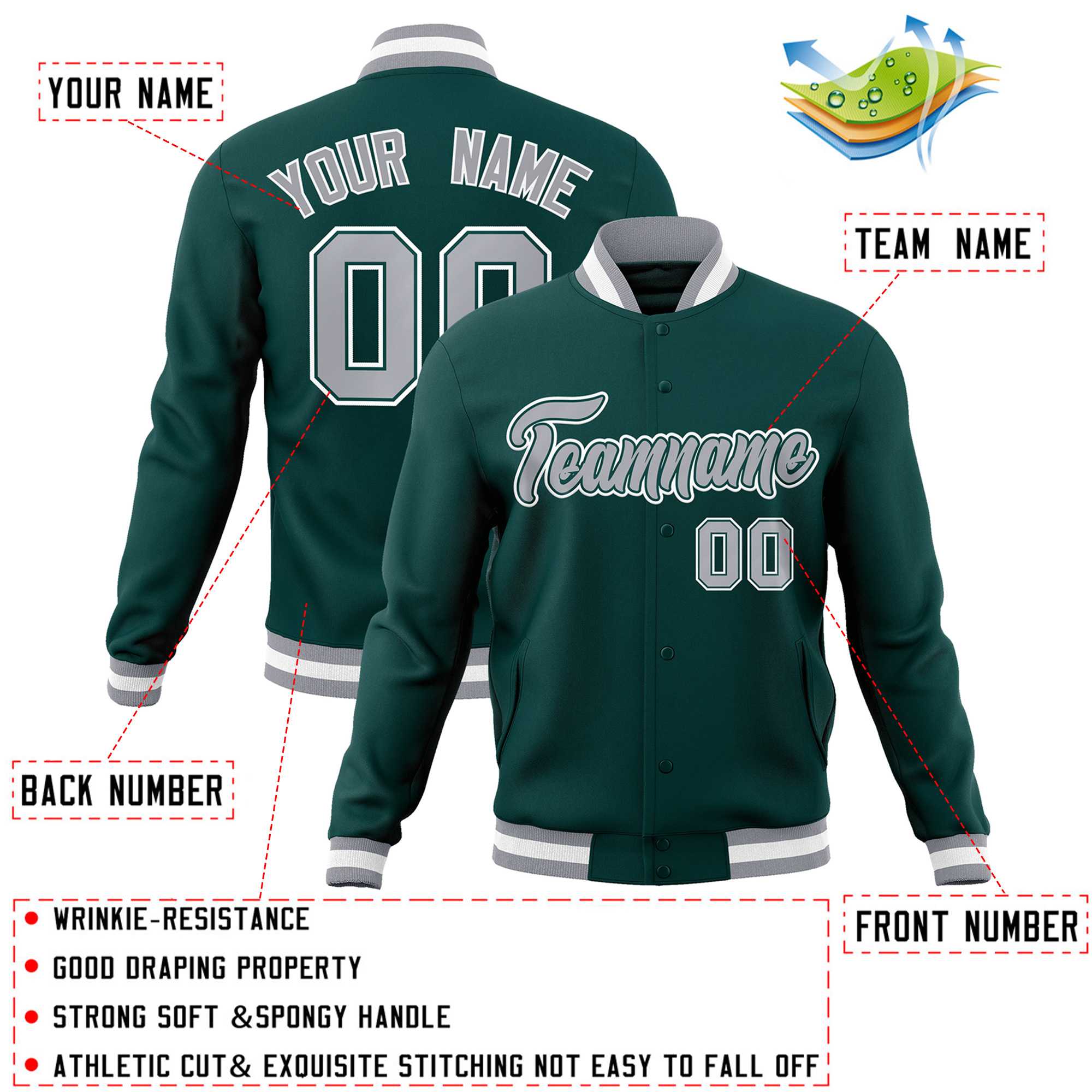 Custom Midnight Green Gray-White Classic Style Varsity Full-Snap Letterman Jacket