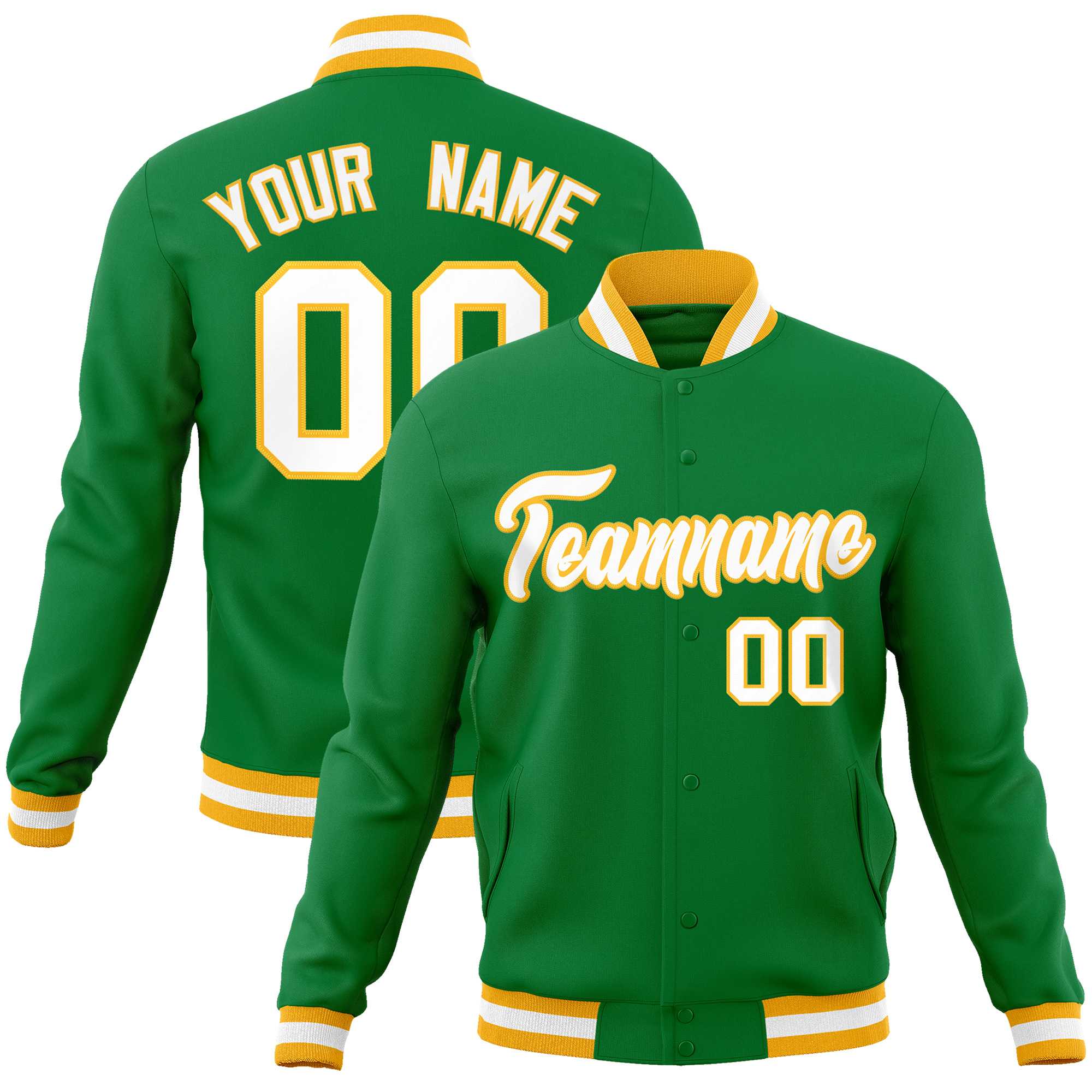 Custom Kelly Green White-Gold Classic Style Varsity Full-Snap Letterman Jacket