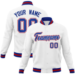 Custom White Royal-Red Classic Style Varsity Full-Snap Letterman Jacket