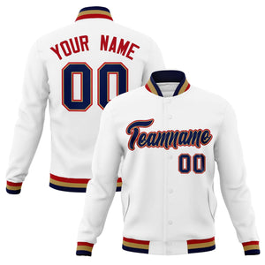 Custom White Navy-Red Classic Style Varsity Full-Snap Letterman Jacket