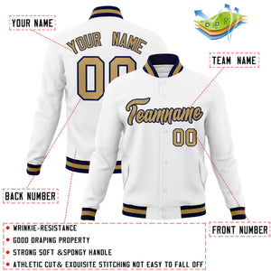 Custom White Old Gold-Navy Classic Style Varsity Full-Snap Letterman Jacket