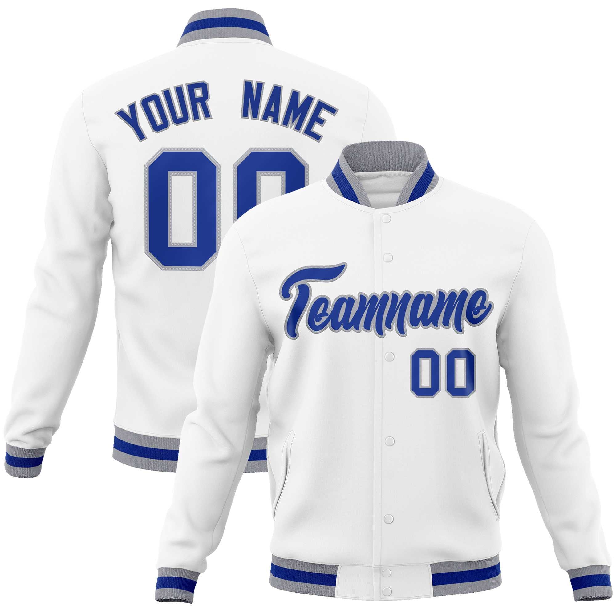 Custom White Royal-Gray Classic Style Varsity Full-Snap Letterman Jacket