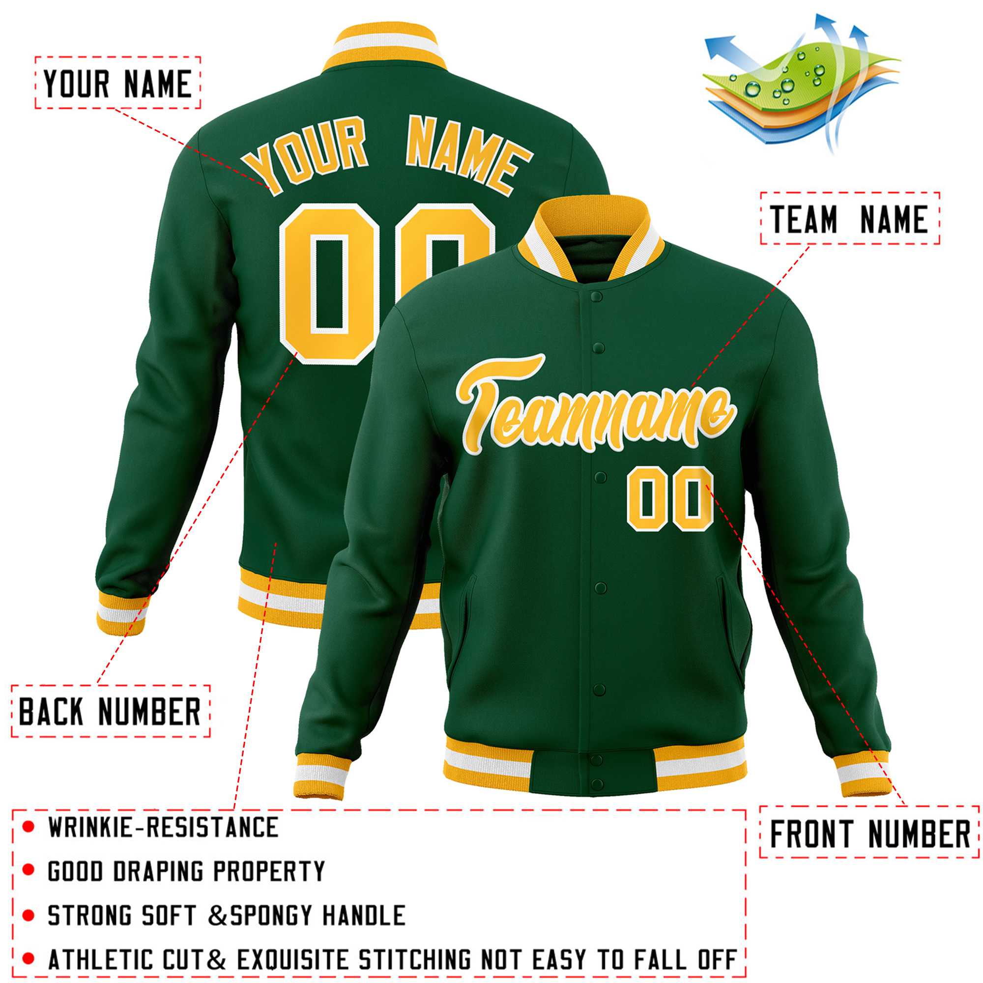 Custom Green Gold-White Classic Style Varsity Full-Snap Letterman Jacket