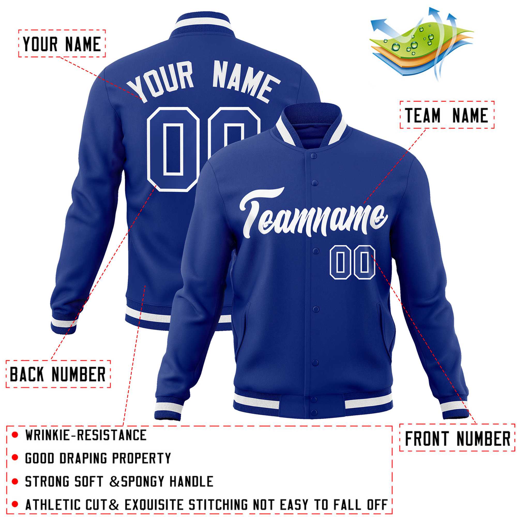 Custom Royal White Classic Style Varsity Full-Snap Letterman Jacket