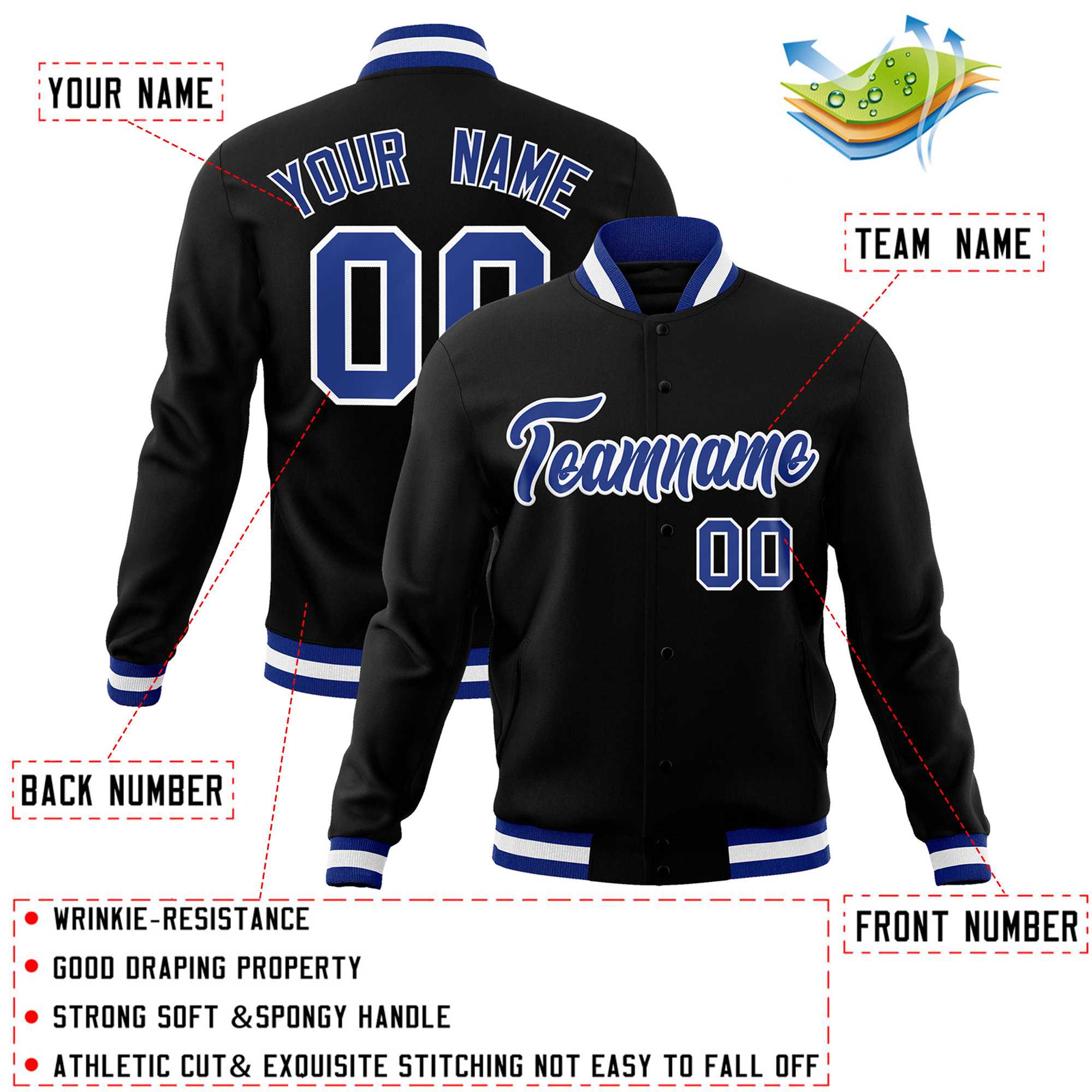 Custom Black Royal-White Classic Style Varsity Full-Snap Letterman Jacket