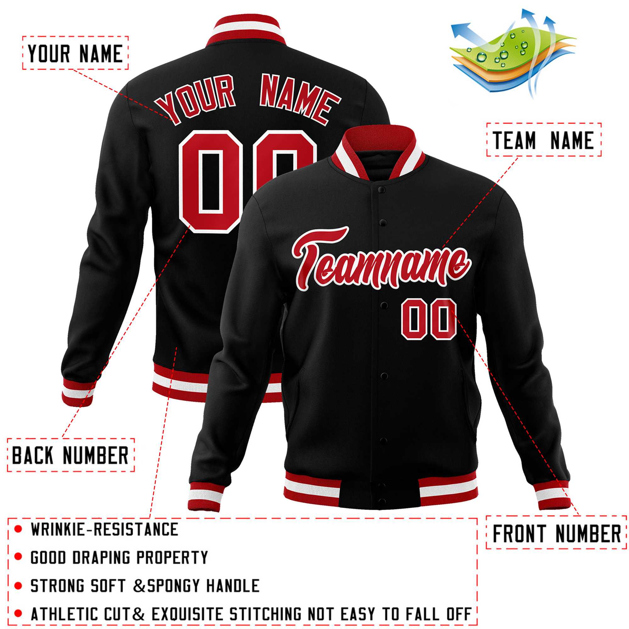 Custom Black Red-White Classic Style Varsity Full-Snap Letterman Jacket