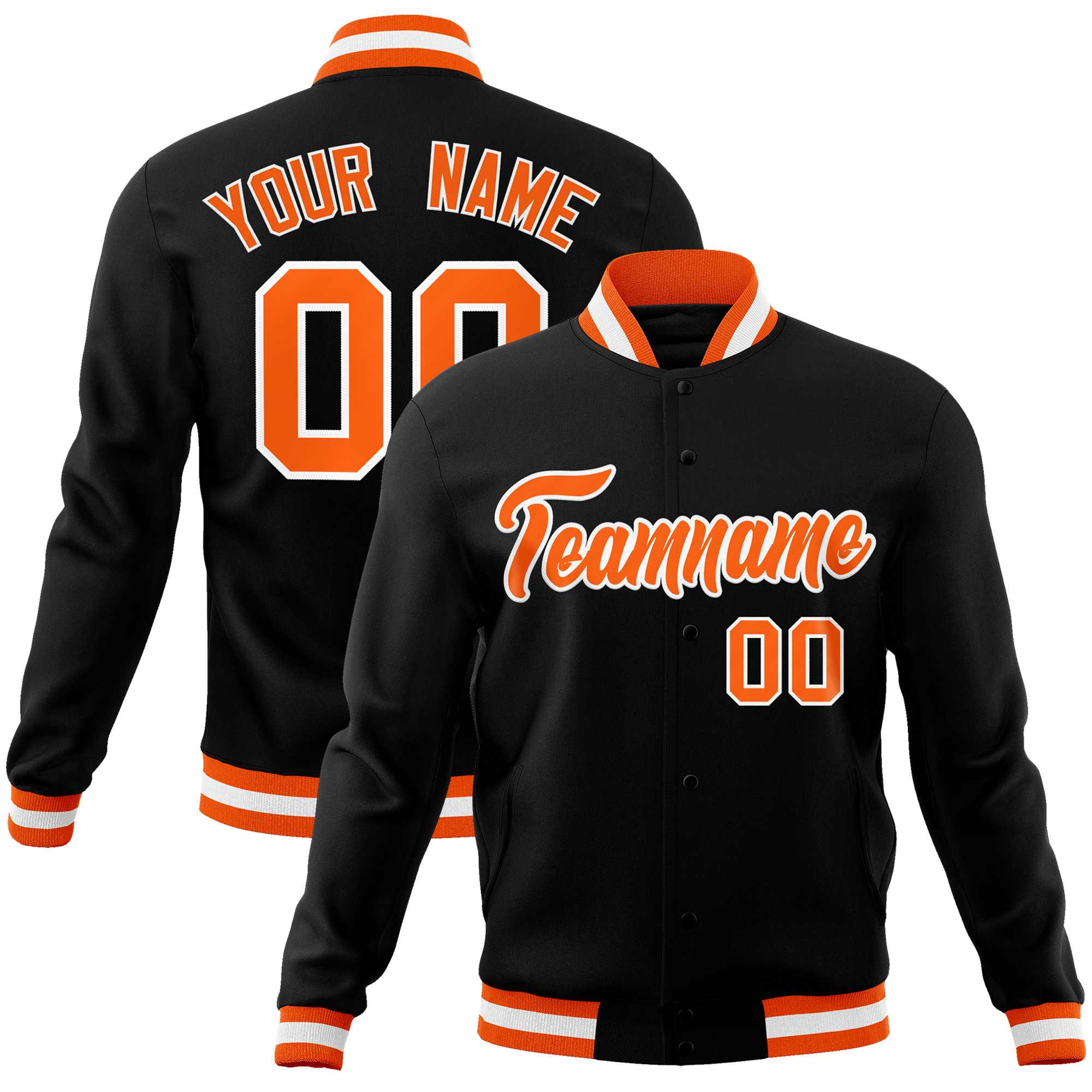 Custom Black Orange-White Classic Style Varsity Full-Snap Letterman Jacket