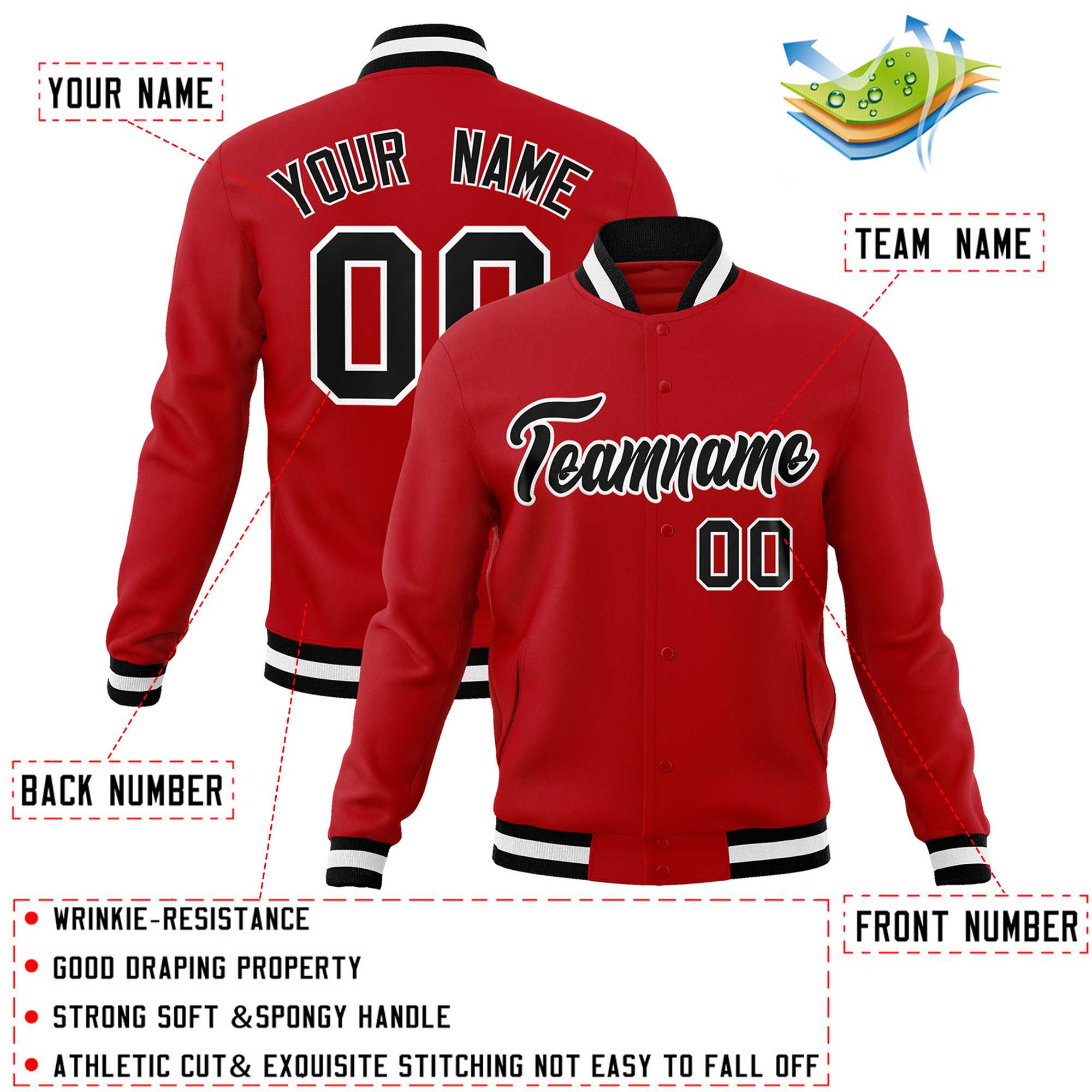 Custom Red Black-White Classic Style Varsity Full-Snap Letterman Jacket