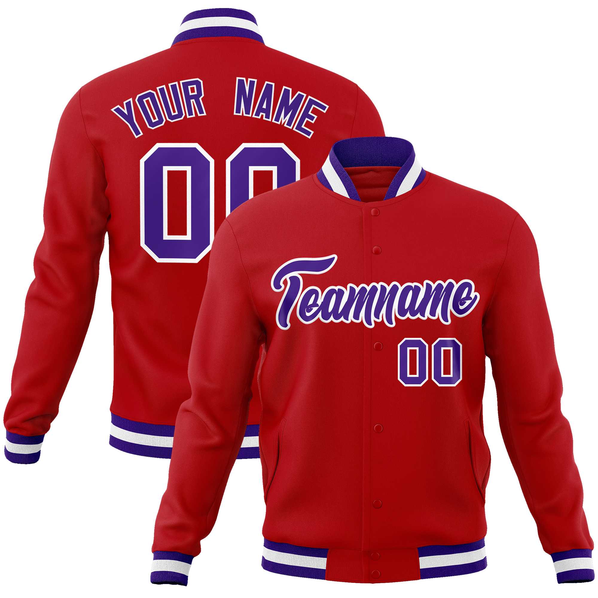 Custom Red Purple-White Classic Style Varsity Full-Snap Letterman Jacket