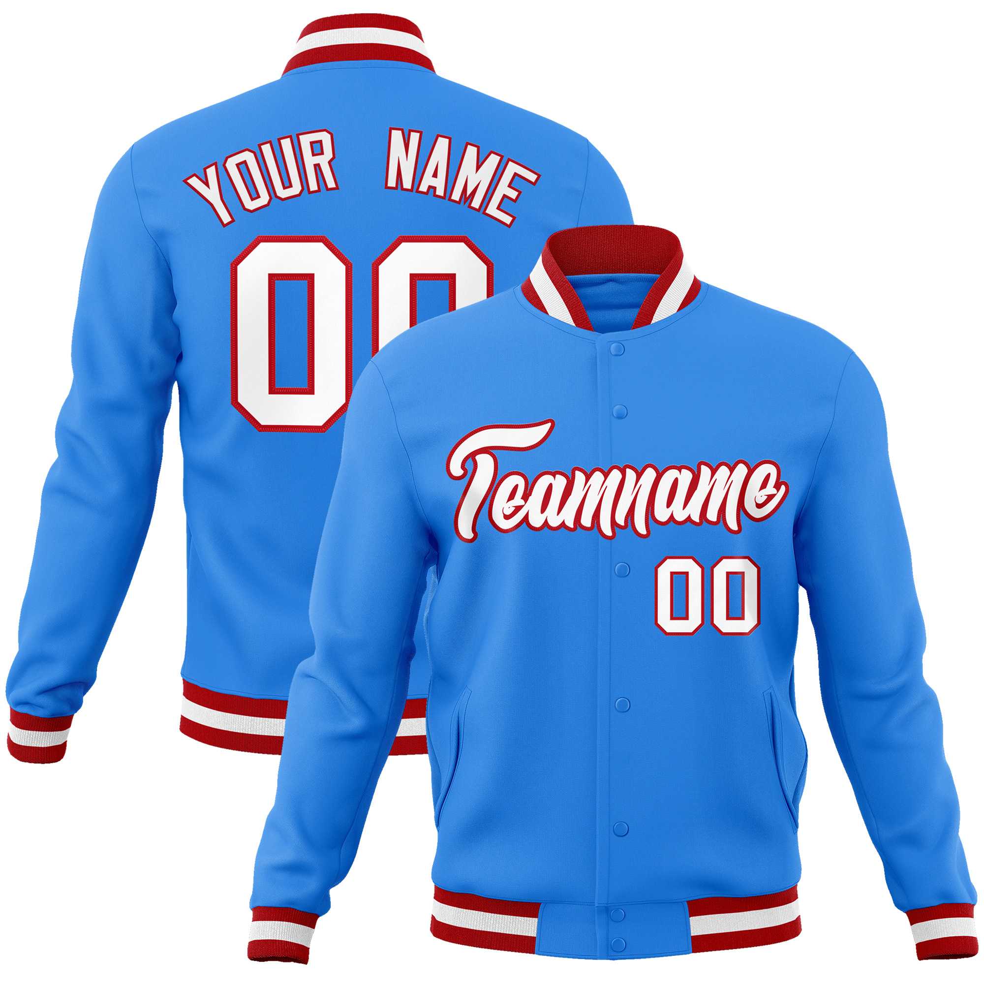 Custom Powder Blue White-Red Classic Style Varsity Full-Snap Letterman Jacket