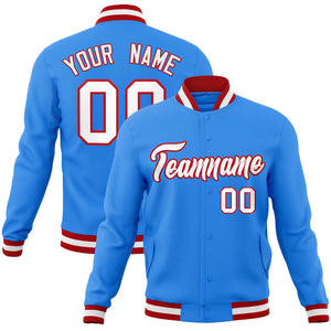 Custom Powder Blue White-Red Classic Style Varsity Full-Snap Letterman Jacket