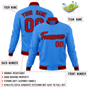 Custom Powder Blue Red-Black Classic Style Varsity Full-Snap Letterman Jacket