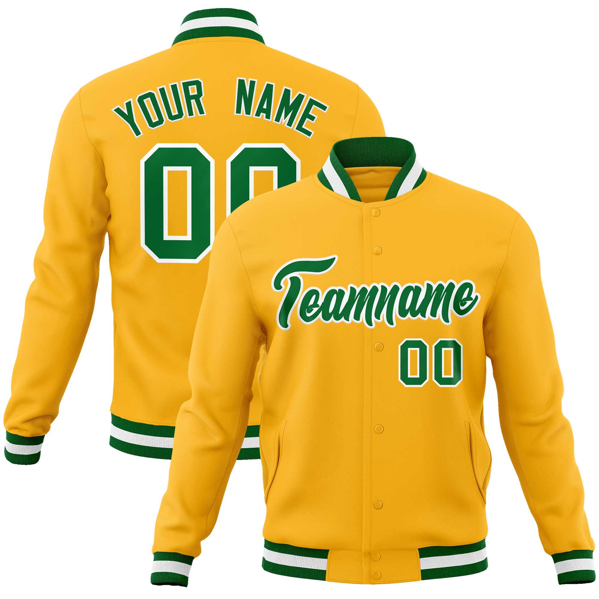 Custom Gold Kelly Green-White Classic Style Varsity Full-Snap Letterman Jacket