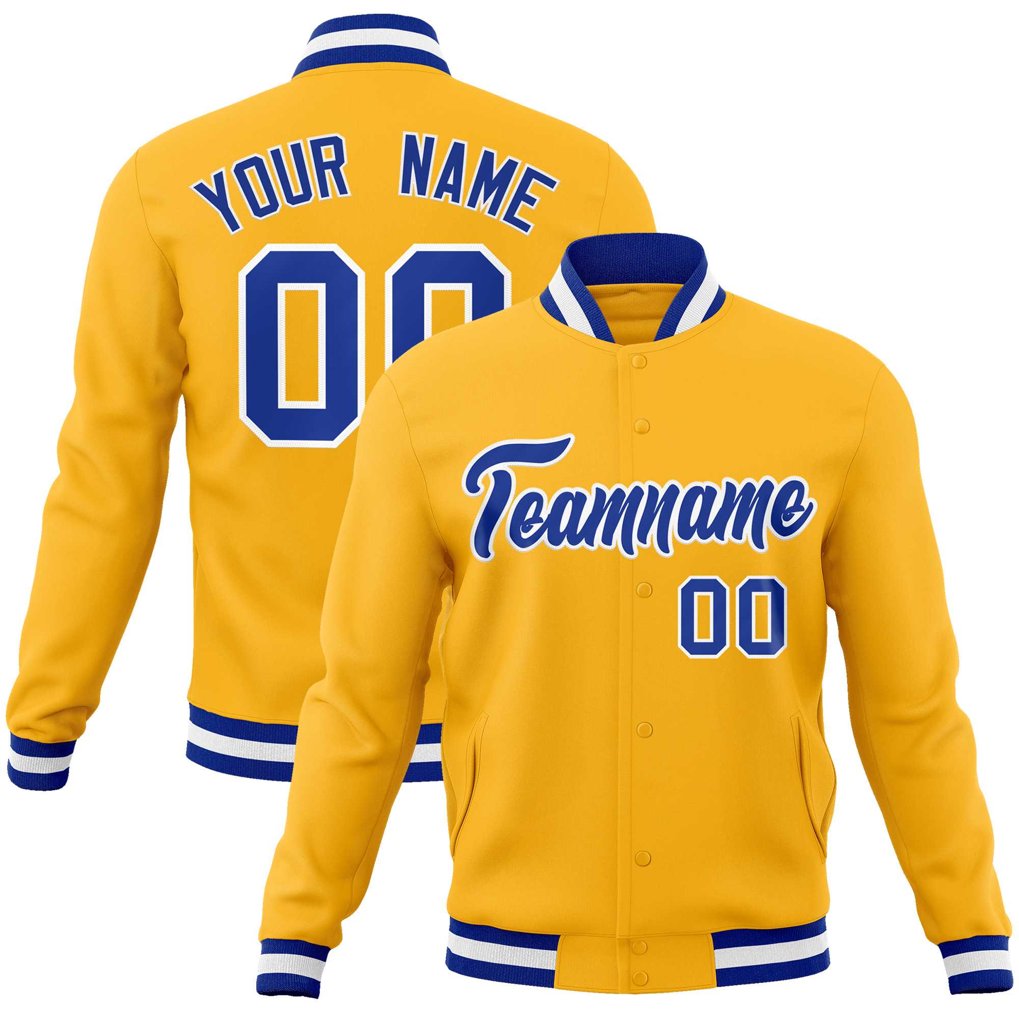 Custom Gold Royal-White Classic Style Varsity Full-Snap Letterman Jacket