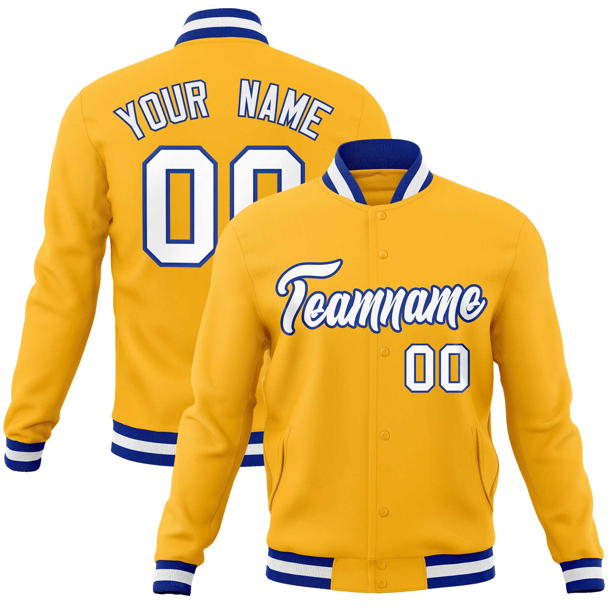 Custom Gold White-Royal Classic Style Varsity Full-Snap Letterman Jacket