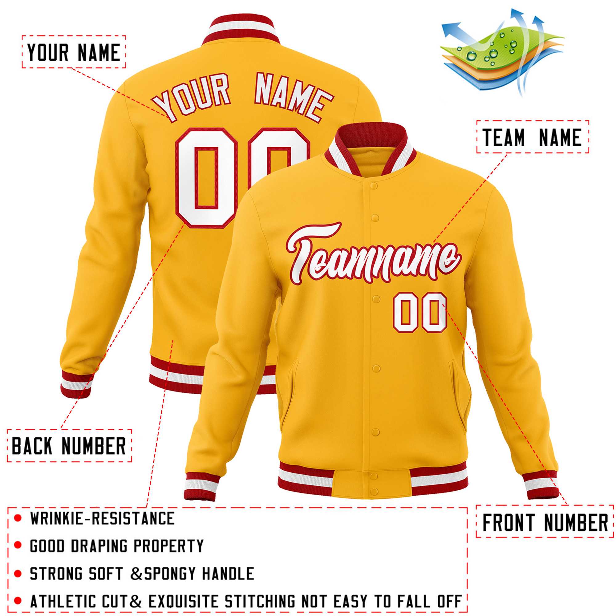 Custom Gold White-Red Classic Style Varsity Full-Snap Letterman Jacket