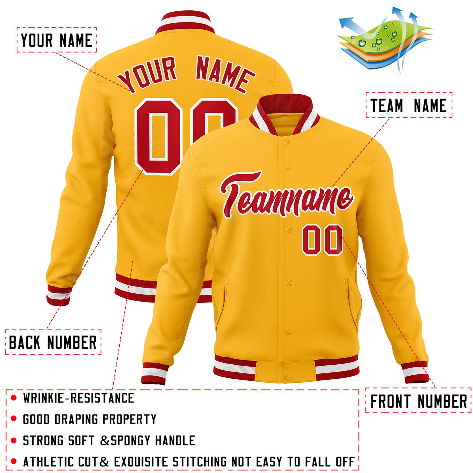 Custom Gold Red-White Classic Style Varsity Full-Snap Letterman Jacket