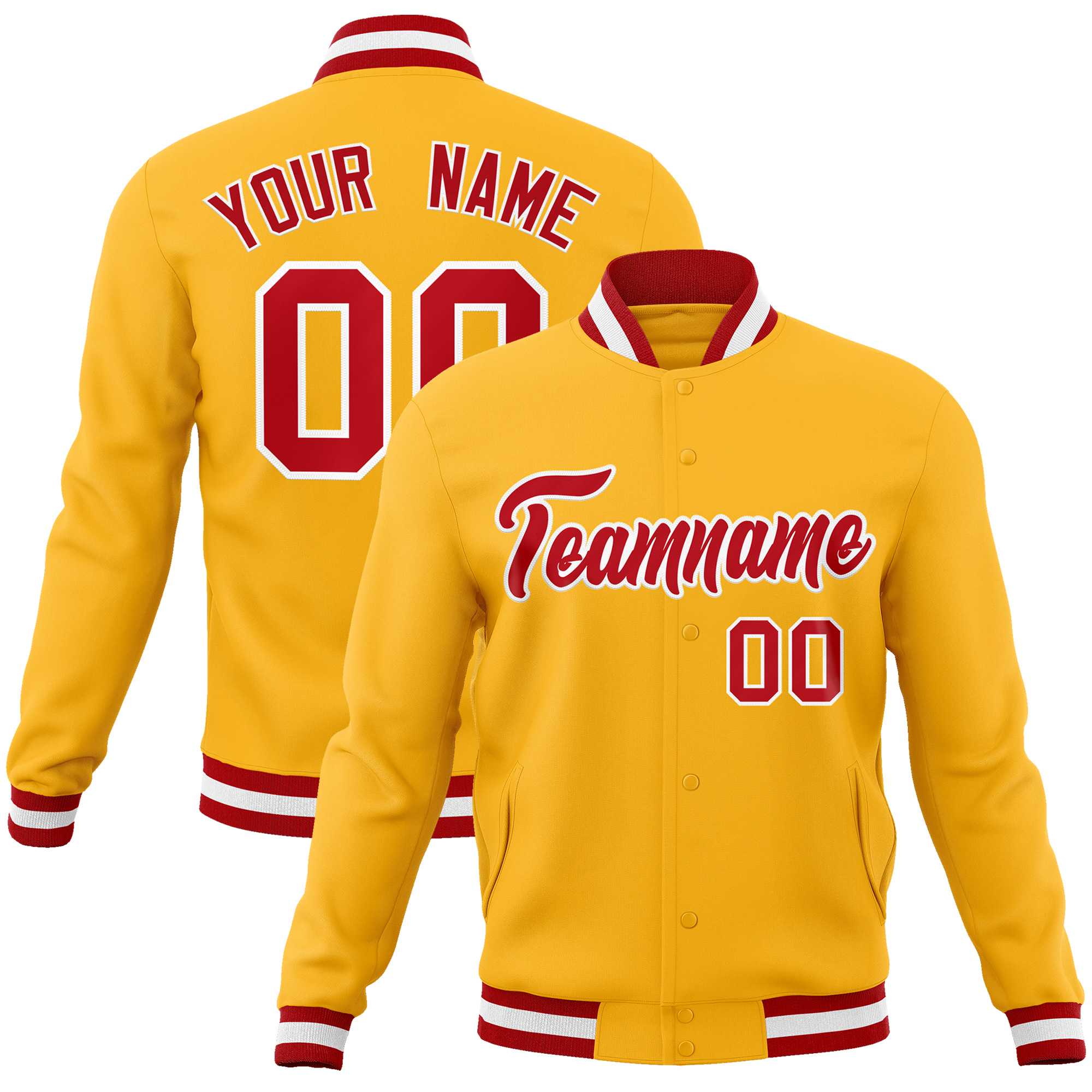 Custom Gold Red-White Classic Style Varsity Full-Snap Letterman Jacket