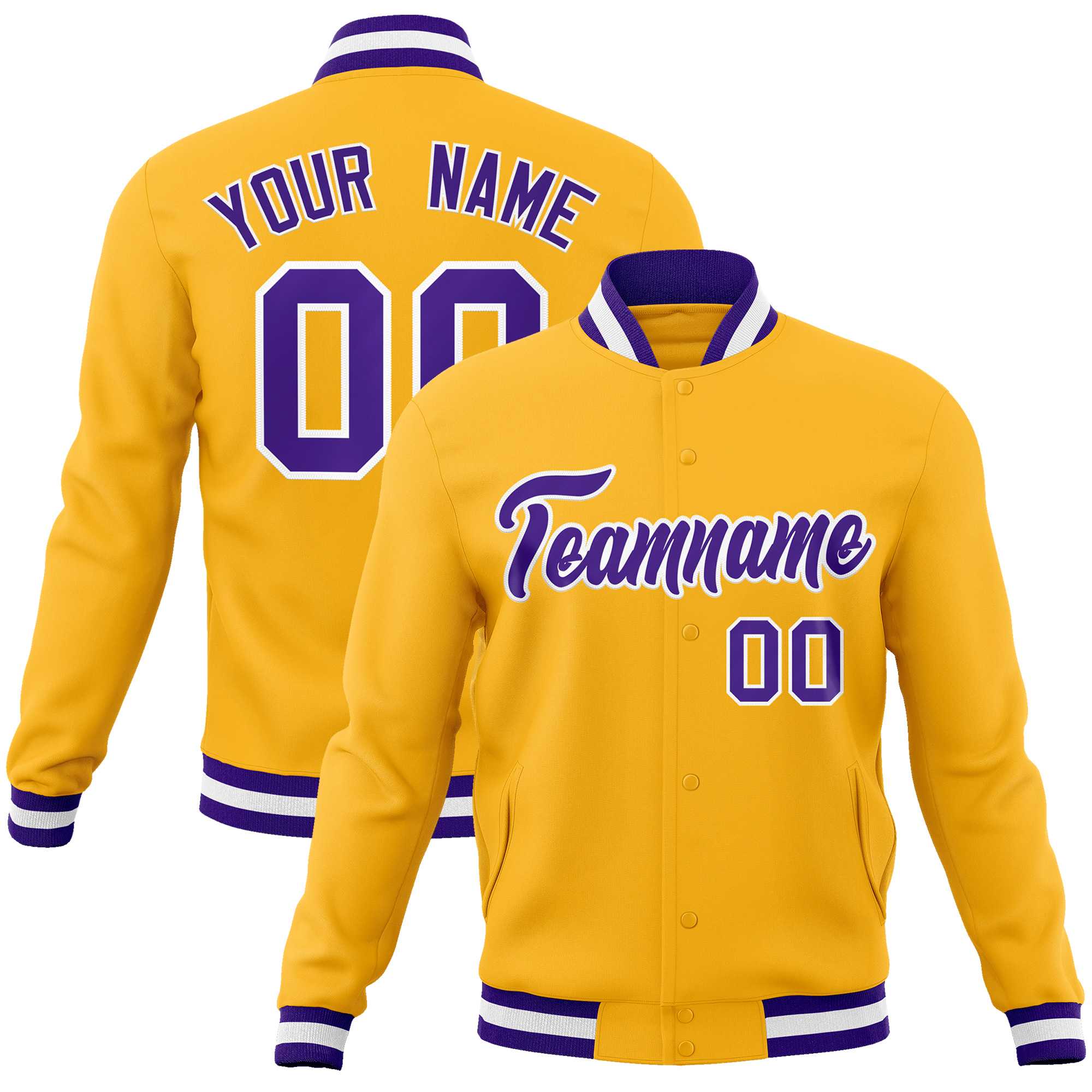 Custom Gold Purple-White Classic Style Varsity Full-Snap Letterman Jacket