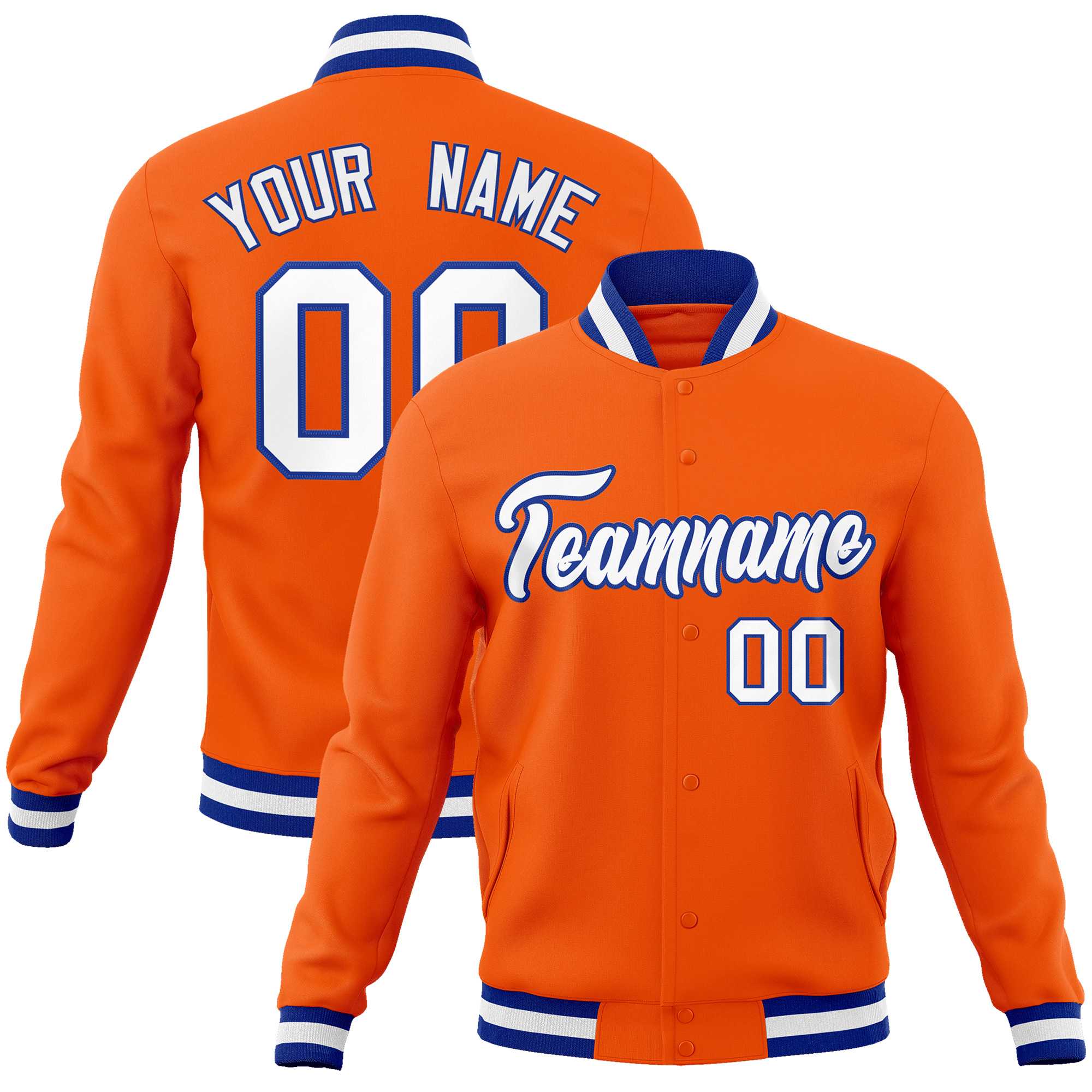 Custom Orange White-Royal Classic Style Varsity Full-Snap Letterman Jacket