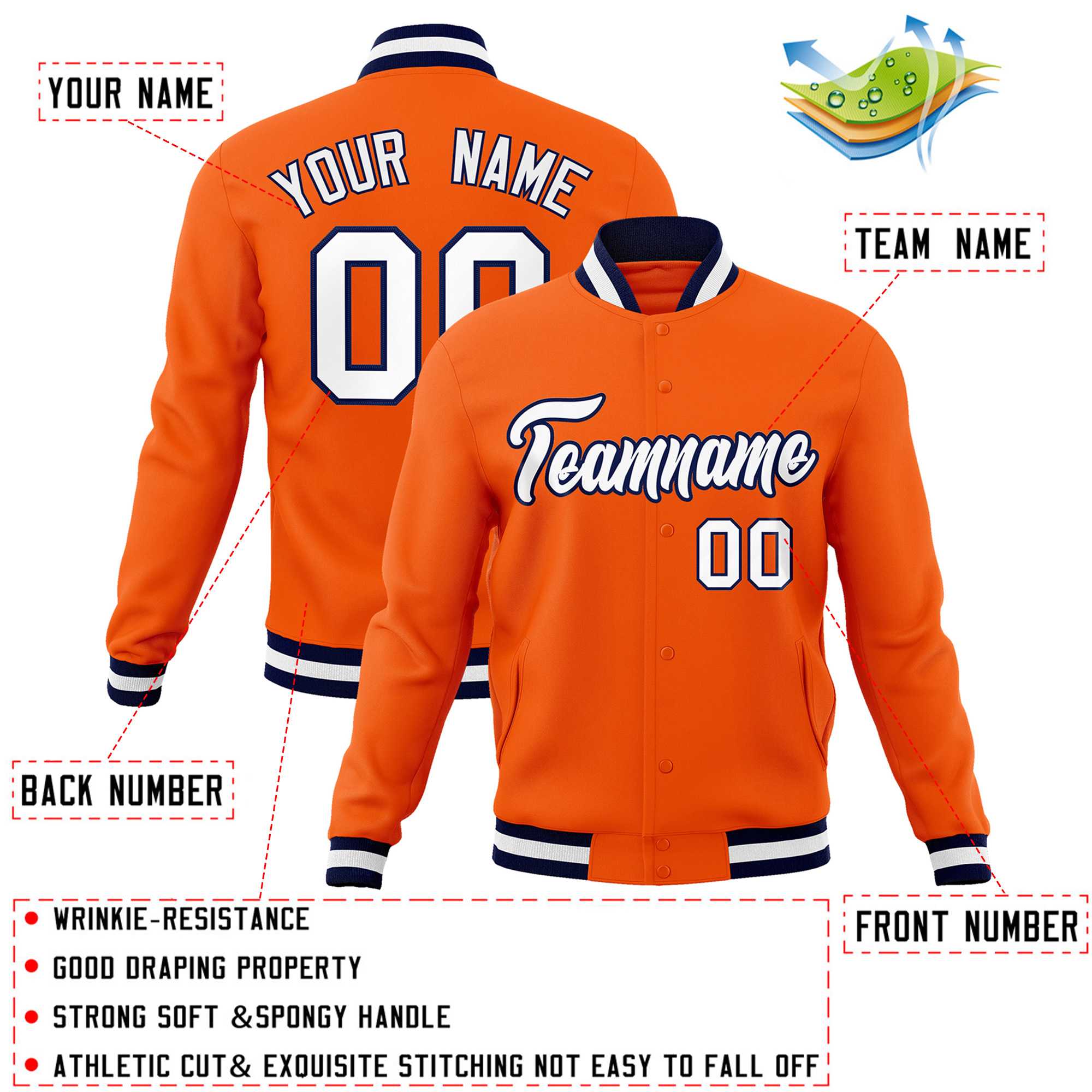 Custom Orange White-Navy Classic Style Varsity Full-Snap Letterman Jacket