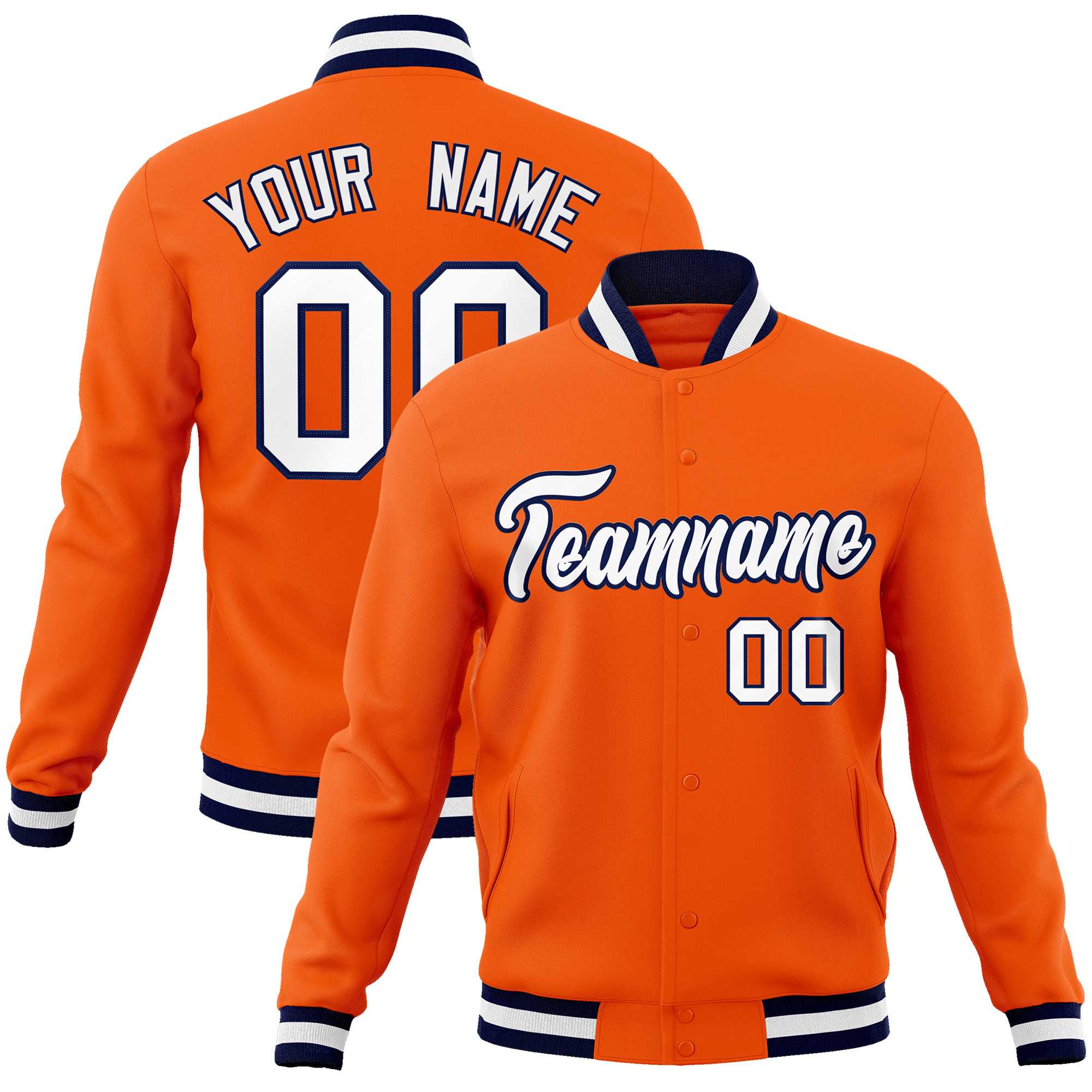 Custom Orange White-Navy Classic Style Varsity Full-Snap Letterman Jacket