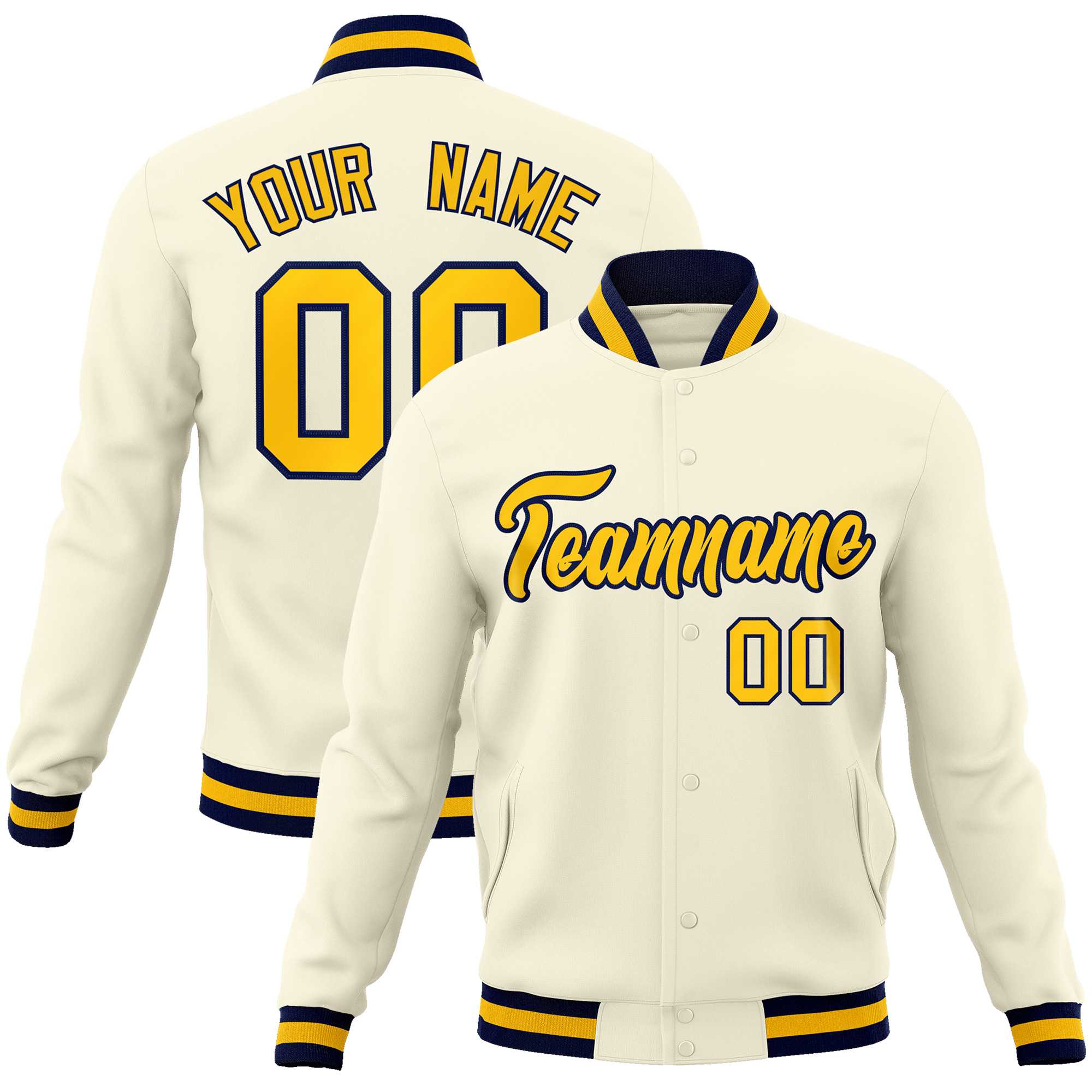 Custom Khaki Gold-Navy Classic Style Varsity Full-Snap Letterman Jacket