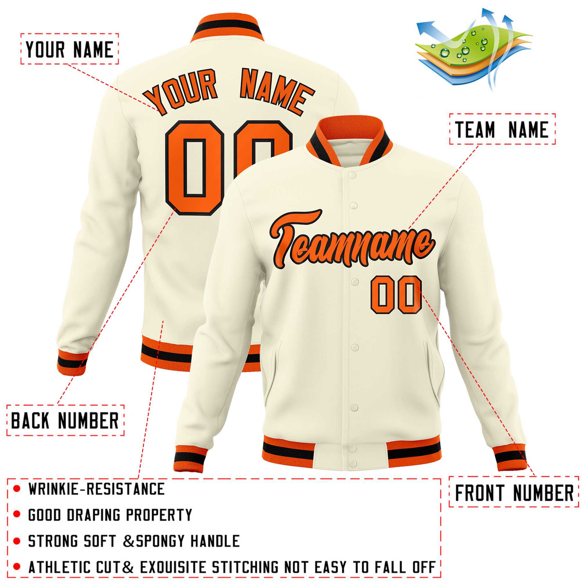 Custom Khaki Orange-Black Classic Style Varsity Full-Snap Letterman Jacket