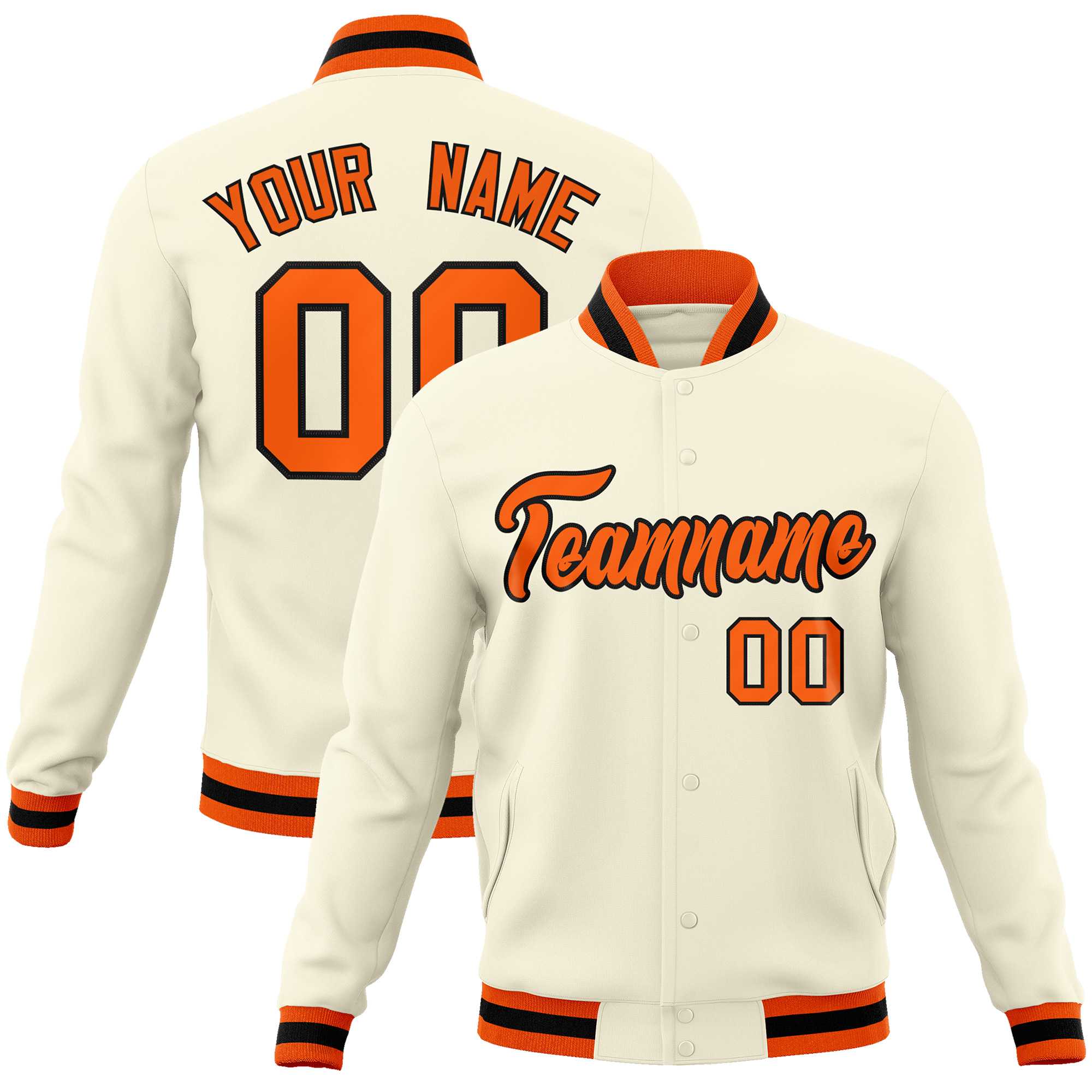 Custom Khaki Orange-Black Classic Style Varsity Full-Snap Letterman Jacket