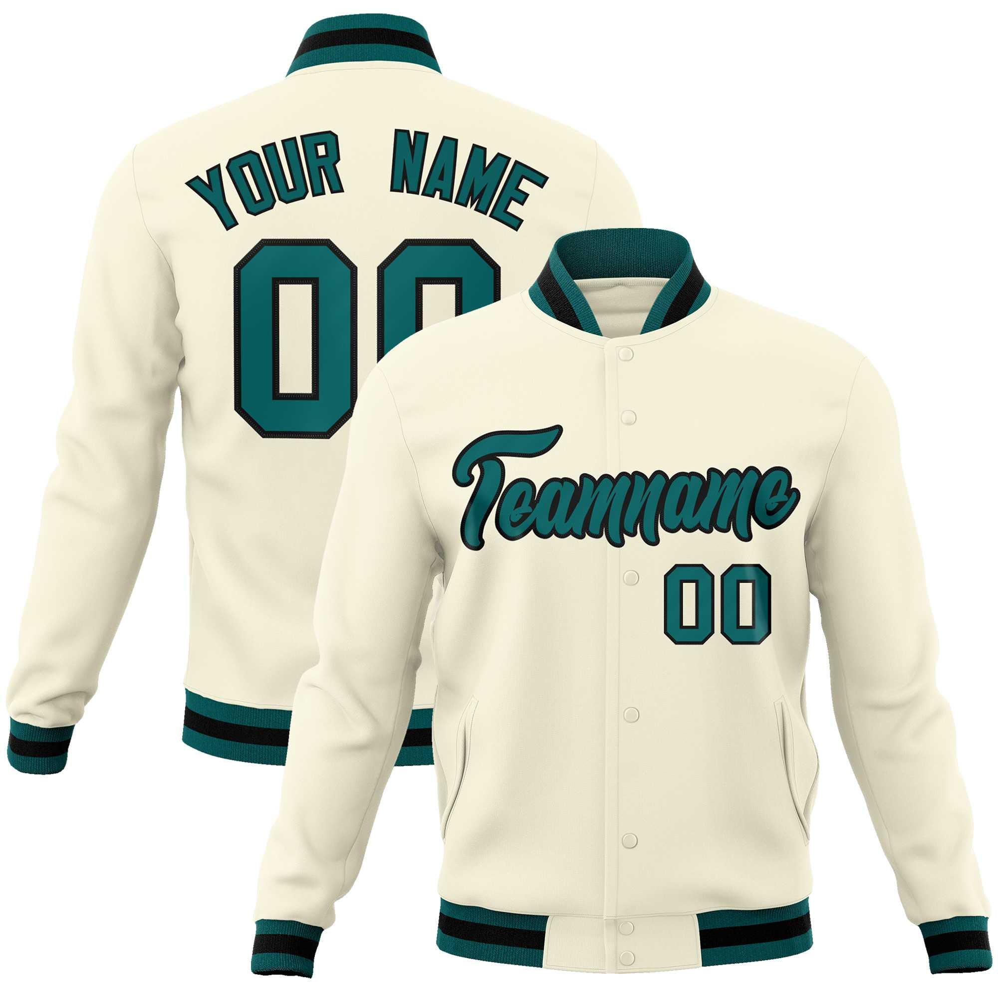 Custom Khaki Aqua-Black Classic Style Varsity Full-Snap Letterman Jacket