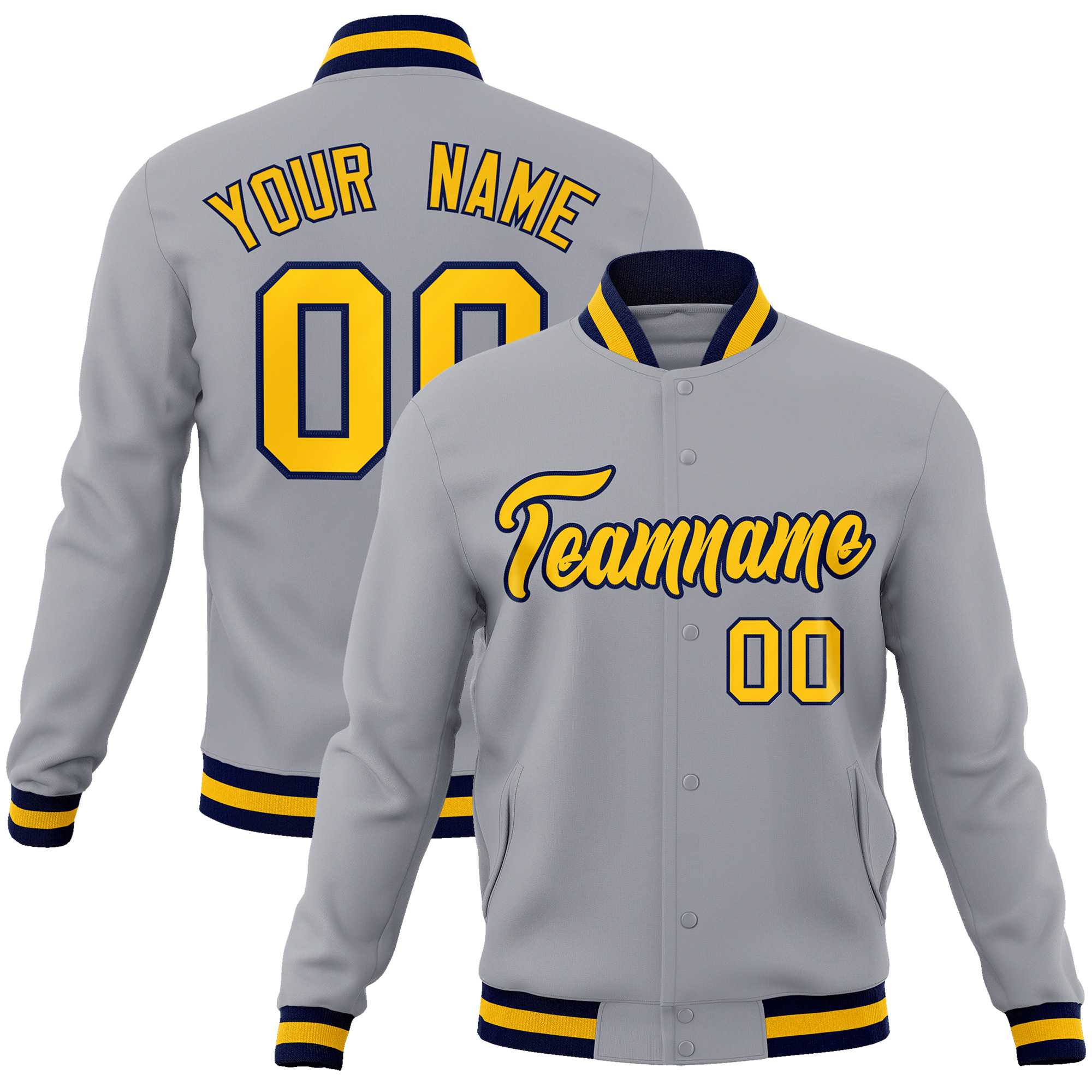 Custom Gray Gold-Navy Classic Style Varsity Full-Snap Letterman Jacket