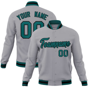 Custom Gray Aqua-Black Classic Style Varsity Full-Snap Letterman Jacket