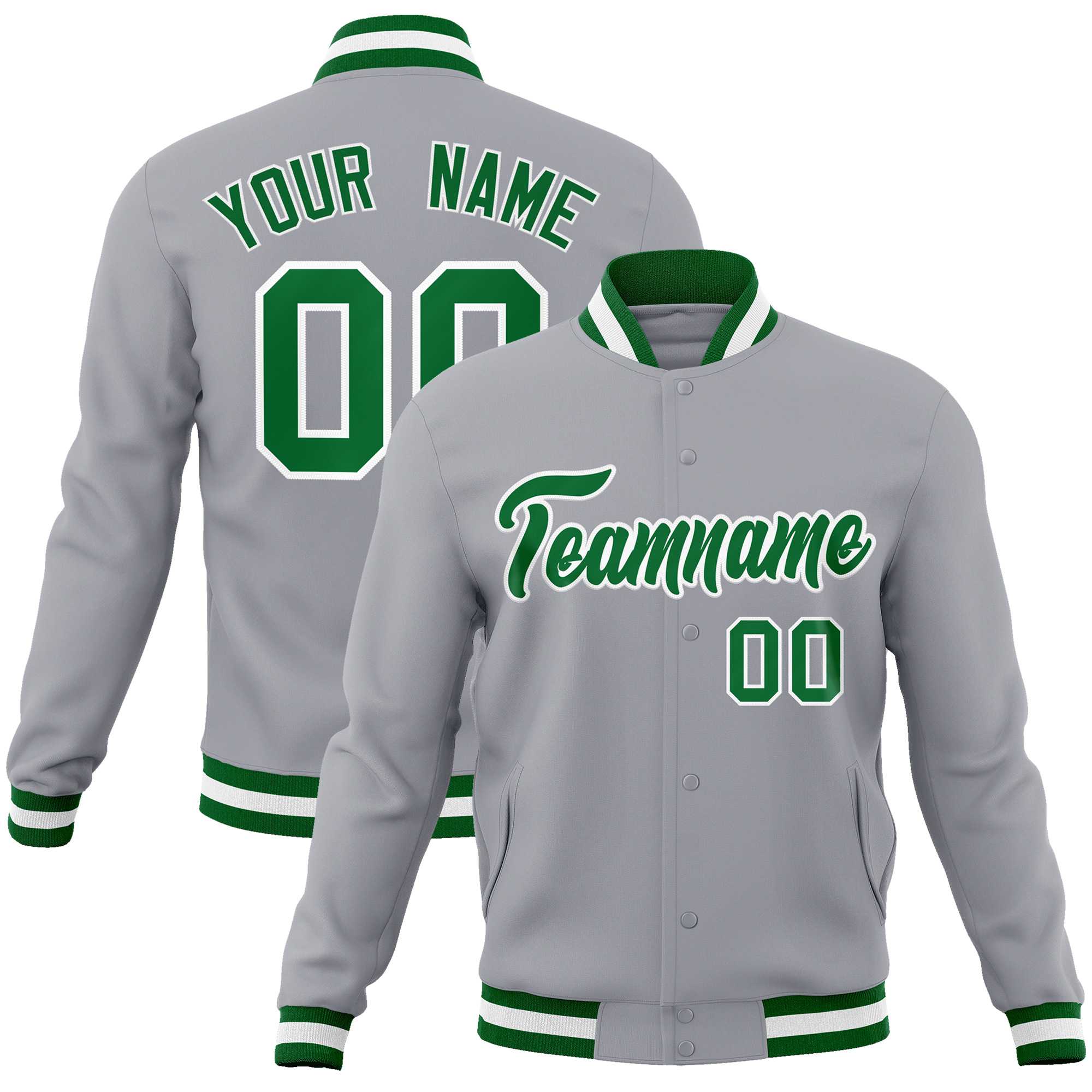 Custom Gray Kelly Green-White Classic Style Varsity Full-Snap Letterman Jacket