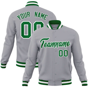 Custom Gray Kelly Green-White Classic Style Varsity Full-Snap Letterman Jacket