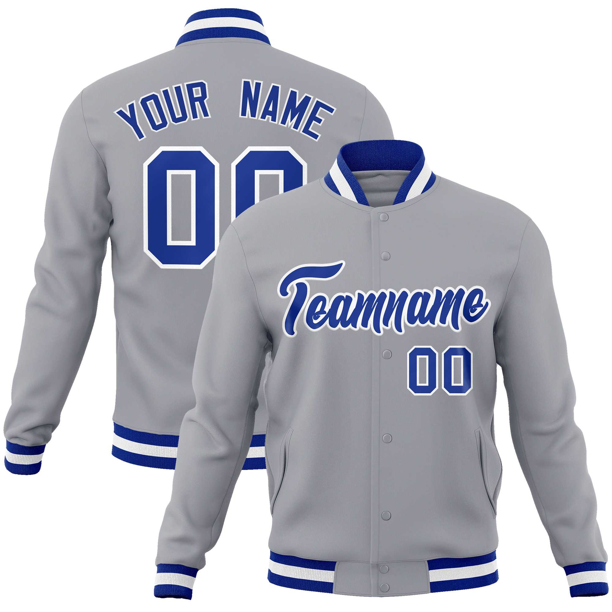 Custom Gray Royal-White Classic Style Varsity Full-Snap Letterman Jacket