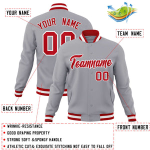 Custom Gray Red-White Classic Style Varsity Full-Snap Letterman Jacket