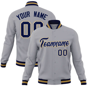 Custom Gray Navy-Old Gold Classic Style Varsity Full-Snap Letterman Jacket