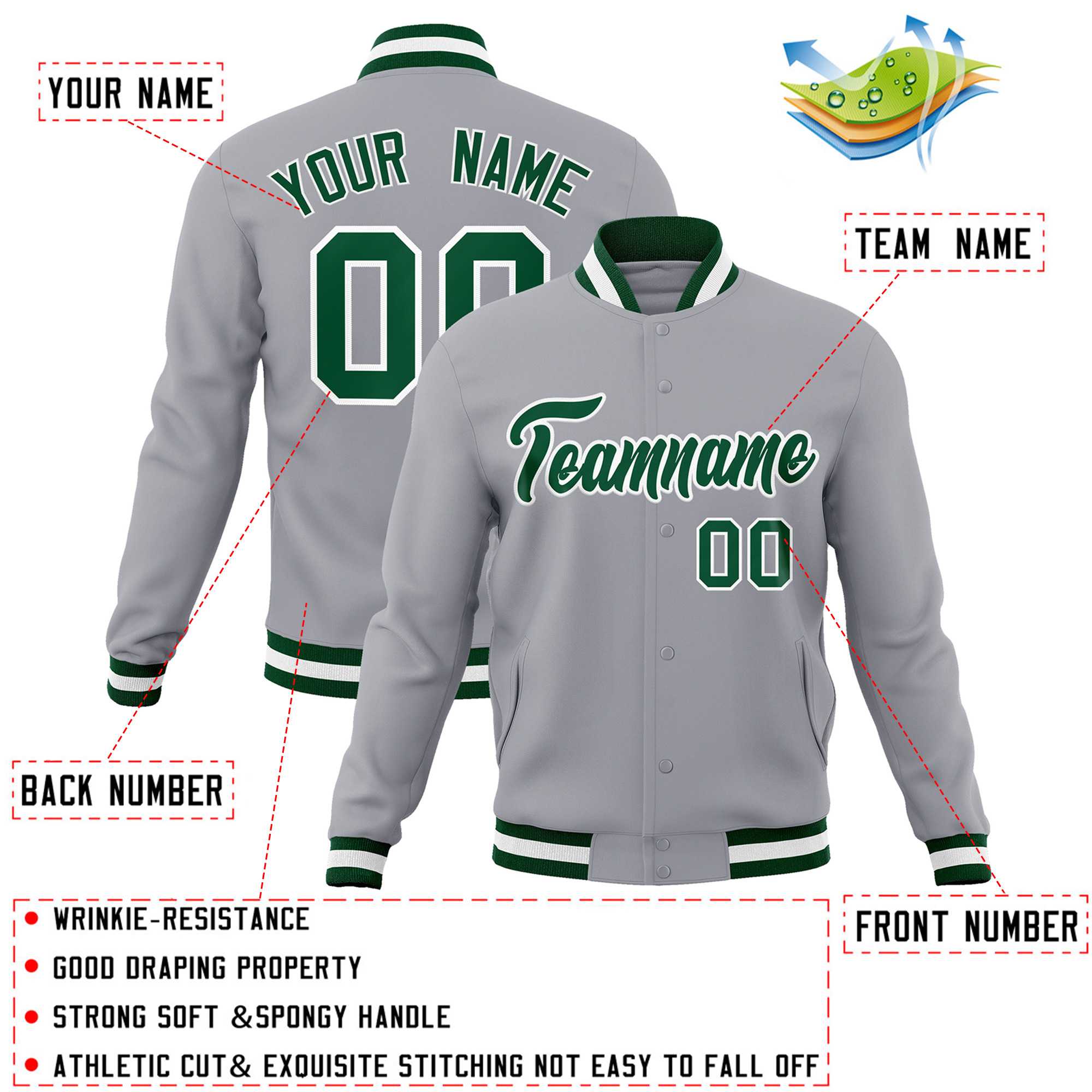 Custom Gray Green-White Classic Style Varsity Full-Snap Letterman Jacket