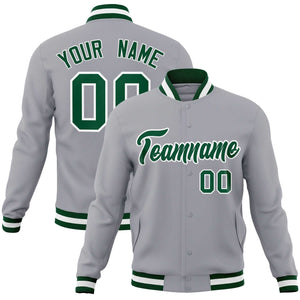 Custom Gray Green-White Classic Style Varsity Full-Snap Letterman Jacket